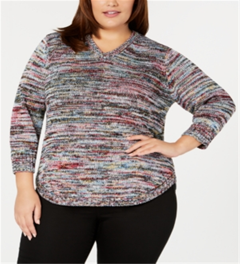 NY Collection Women's Plus Knit V Neck Sweater Black Size 3X