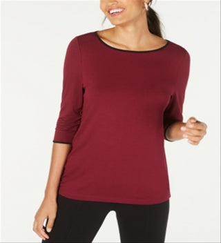 Alfani Women's Piped 3/4-Sleeve T-Shirt Malbec Size -Medium