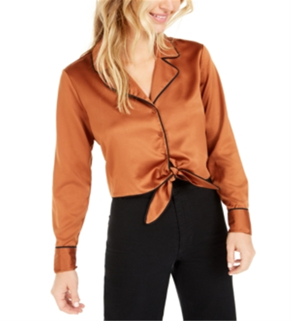 Bar III Women's Tie Front Satin Top Orange Size Small