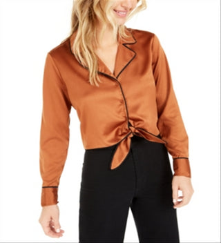 Bar III Women's Tie Front Satin Top Orange Size Small