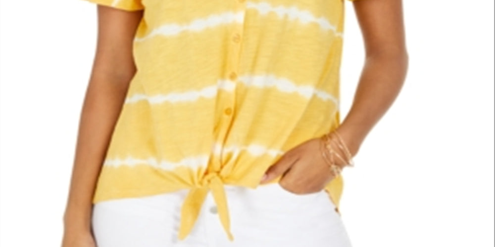 Style & Co Tie-Dye Tie-Front Top Yellow Size XS