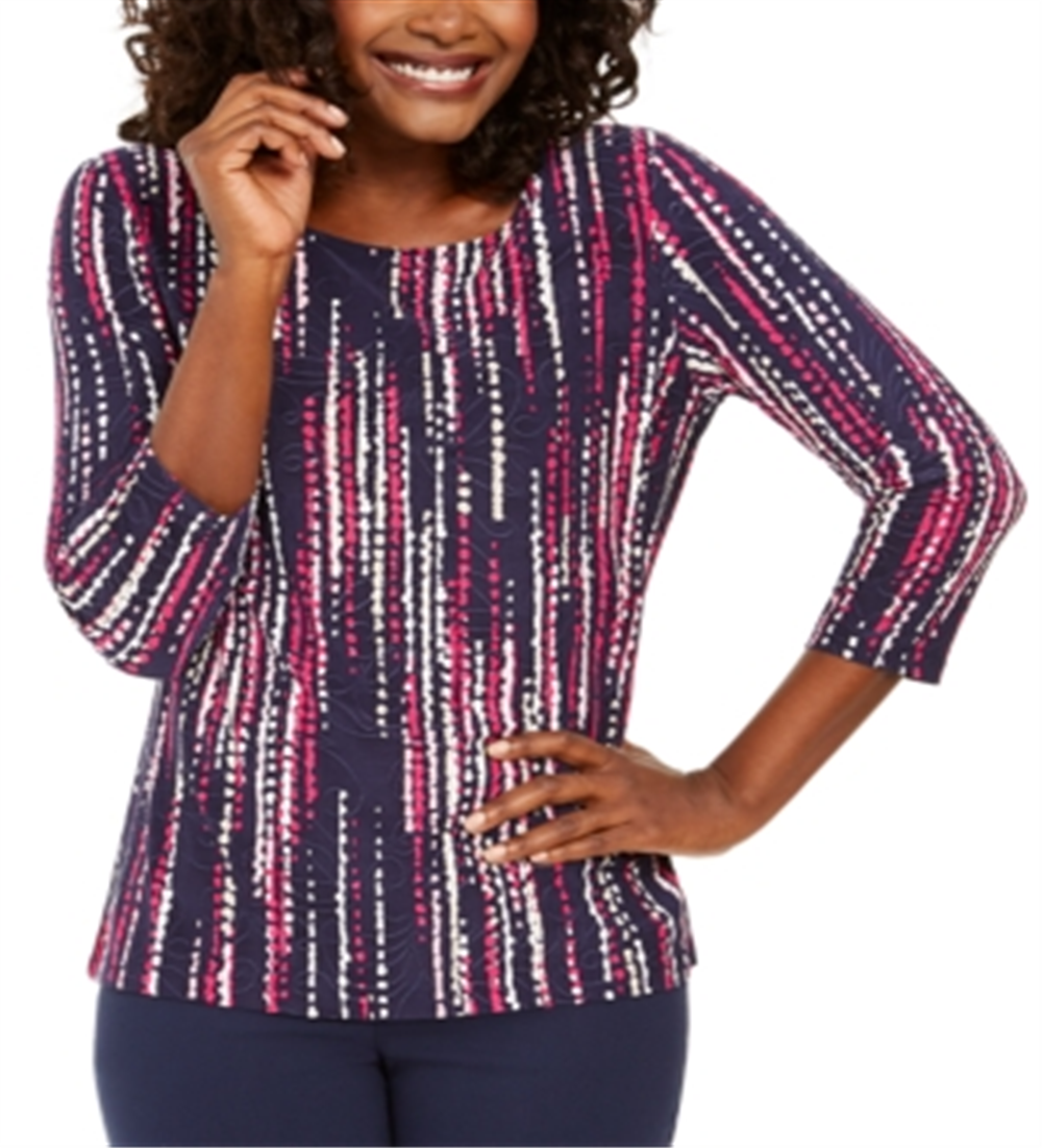 JM Collection Women's 3/4 Sleeve Jacquard T-Shirt Blue Size Small