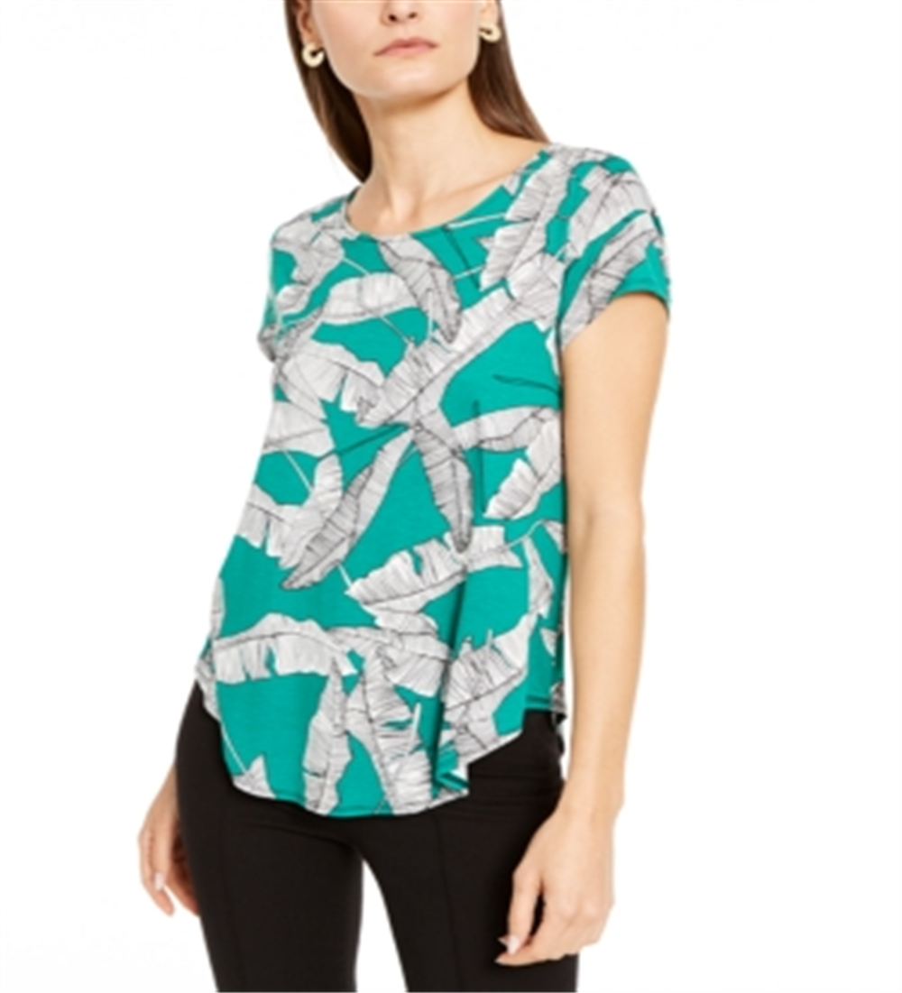 Alfani Women's Printed Round Hem T-Shirt Green Size Petite S