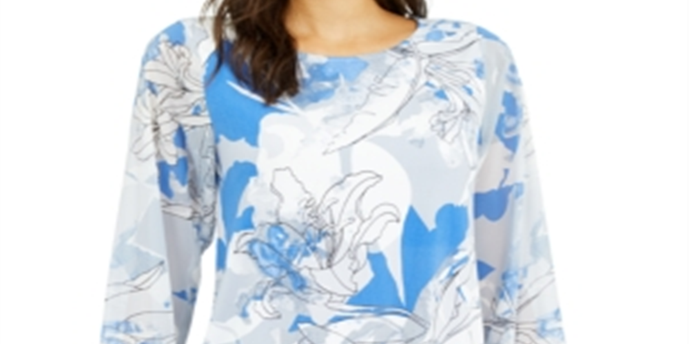 Alfani Women's Floral Scoop Neck Top Blue Size Small