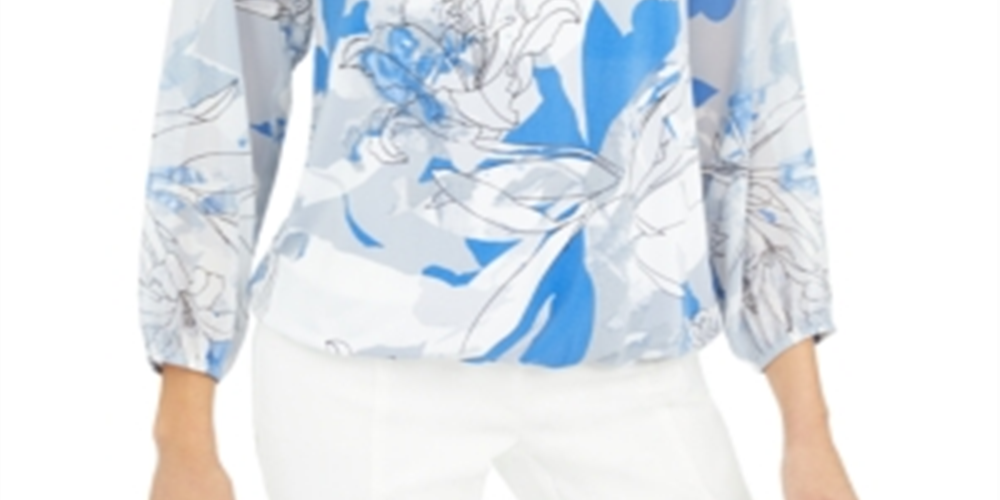 Alfani Women's Floral Scoop Neck Top Blue Size Small