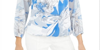 Alfani Women's Floral Scoop Neck Top Blue Size Small