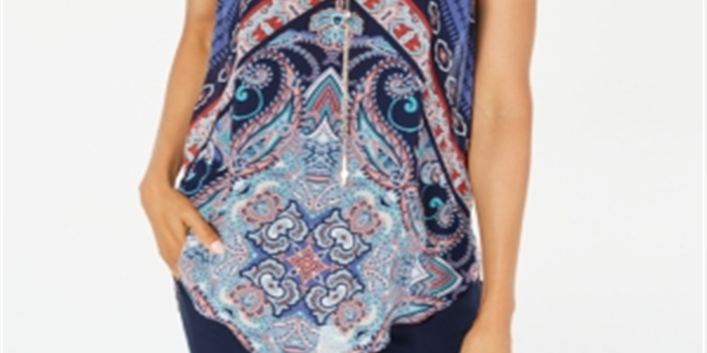 JM Collection Women's Printed Pointed Hem Top Blue Size Petite L