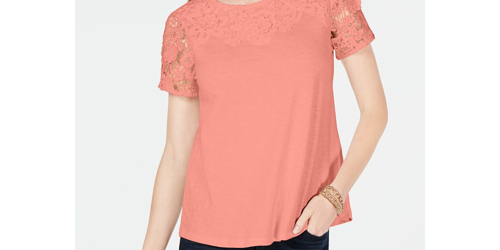 Charter Club Women's Cotton Embroidered T-Shirt Orange Size Petite L