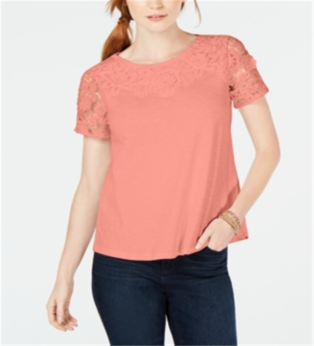 Charter Club Women's Cotton Embroidered T-Shirt Orange Size Petite L