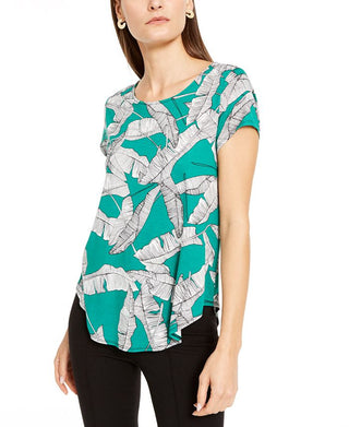Alfani Women's Printed Round Hem T-Shirt Green Size Petite XL