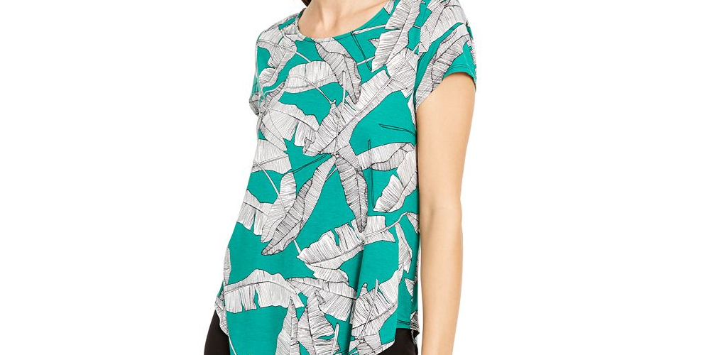 Alfani Women's Printed Round Hem T-Shirt Green Size Petite XL