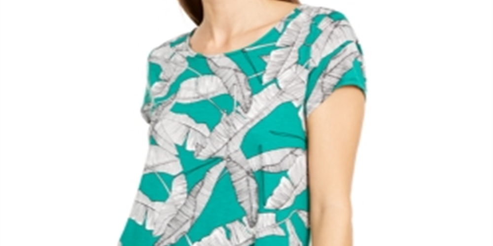 Alfani Women's Printed Round Hem T-Shirt Green Size Petite XL