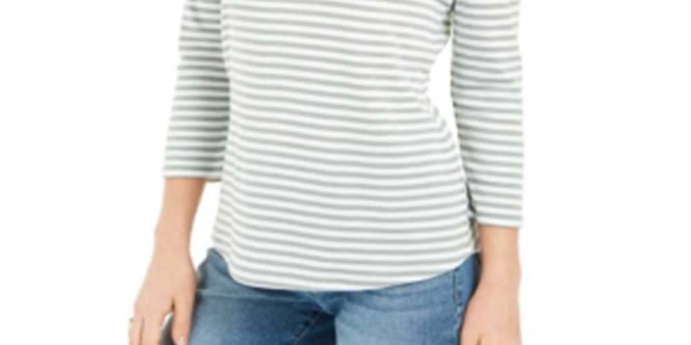 Charter Club Women's 3/4 Sleeve Striped Top Green Size Medium