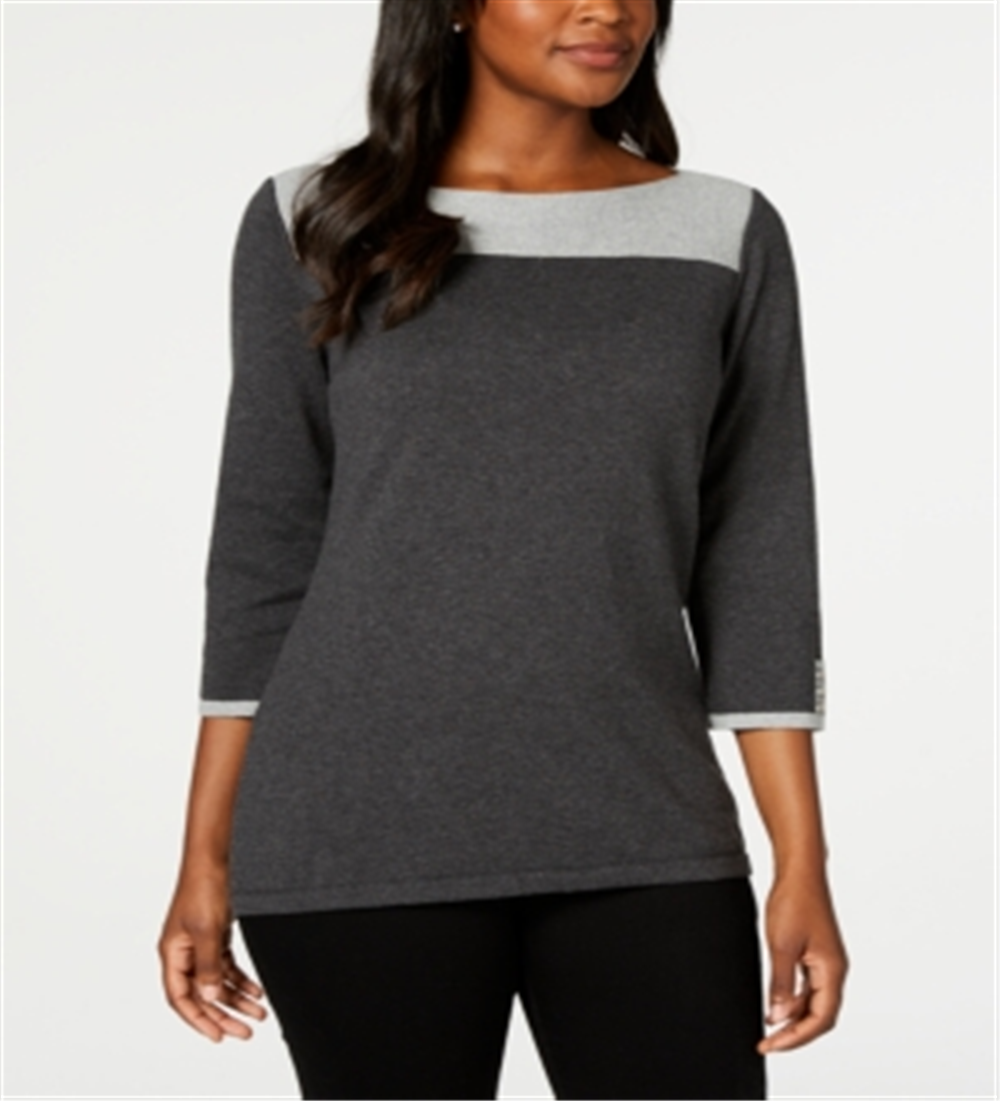 Karen Scott Women's Cotton Button Trim Sweater Grey Size Petite Large