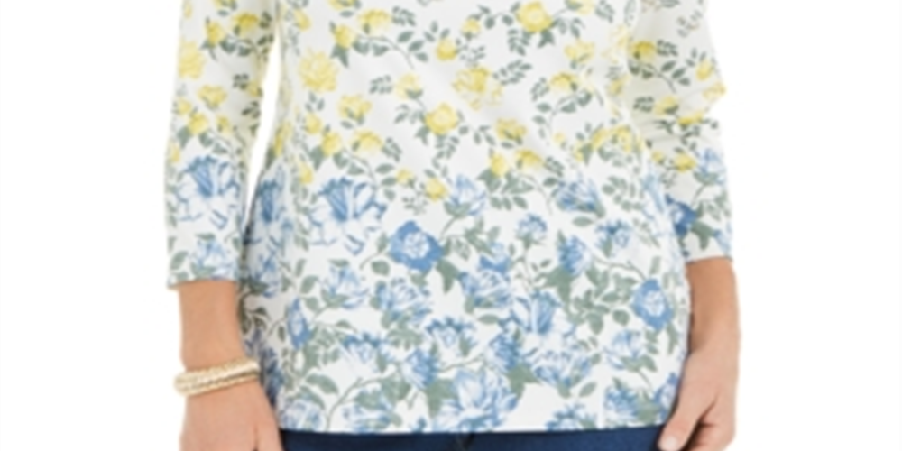 Charter Club Women's Floral Print Boat Neck Top White Size Small