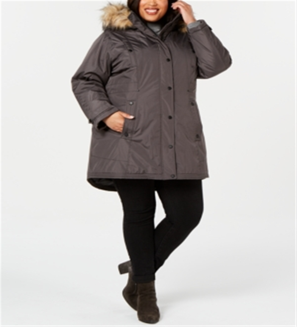 Madden Girl Women's Plus Hooded Faux Fur Trim Parka Gray Size 3XL