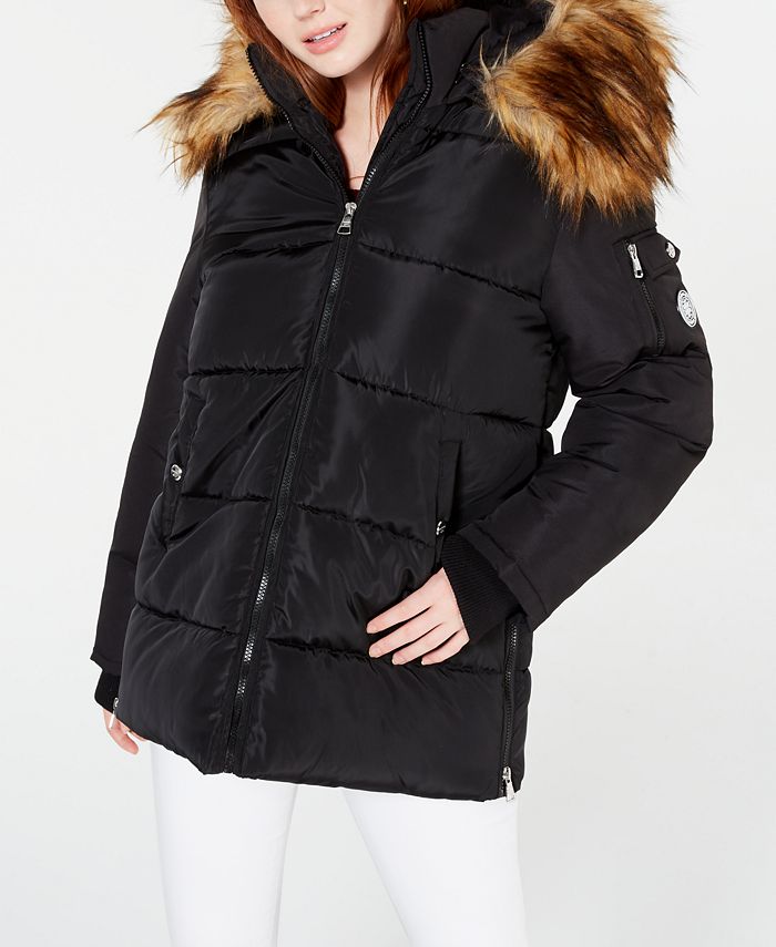 Madden Girl Junior's Hooded Faux Fur Trim Puffer Coat Black Size X-Small