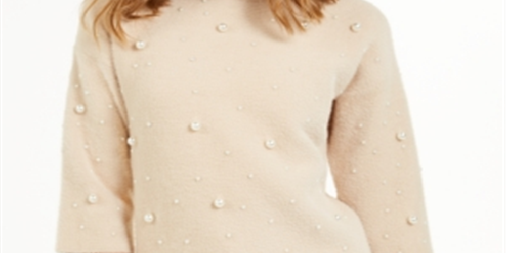 Alfani Women's Scattered Faux Pearl Sweater Brown Size Petite S/M