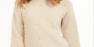 Alfani Women's Scattered Faux Pearl Sweater Brown Size Petite S/M