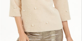 Alfani Women's Scattered Faux Pearl Sweater Brown Size Petite S/M