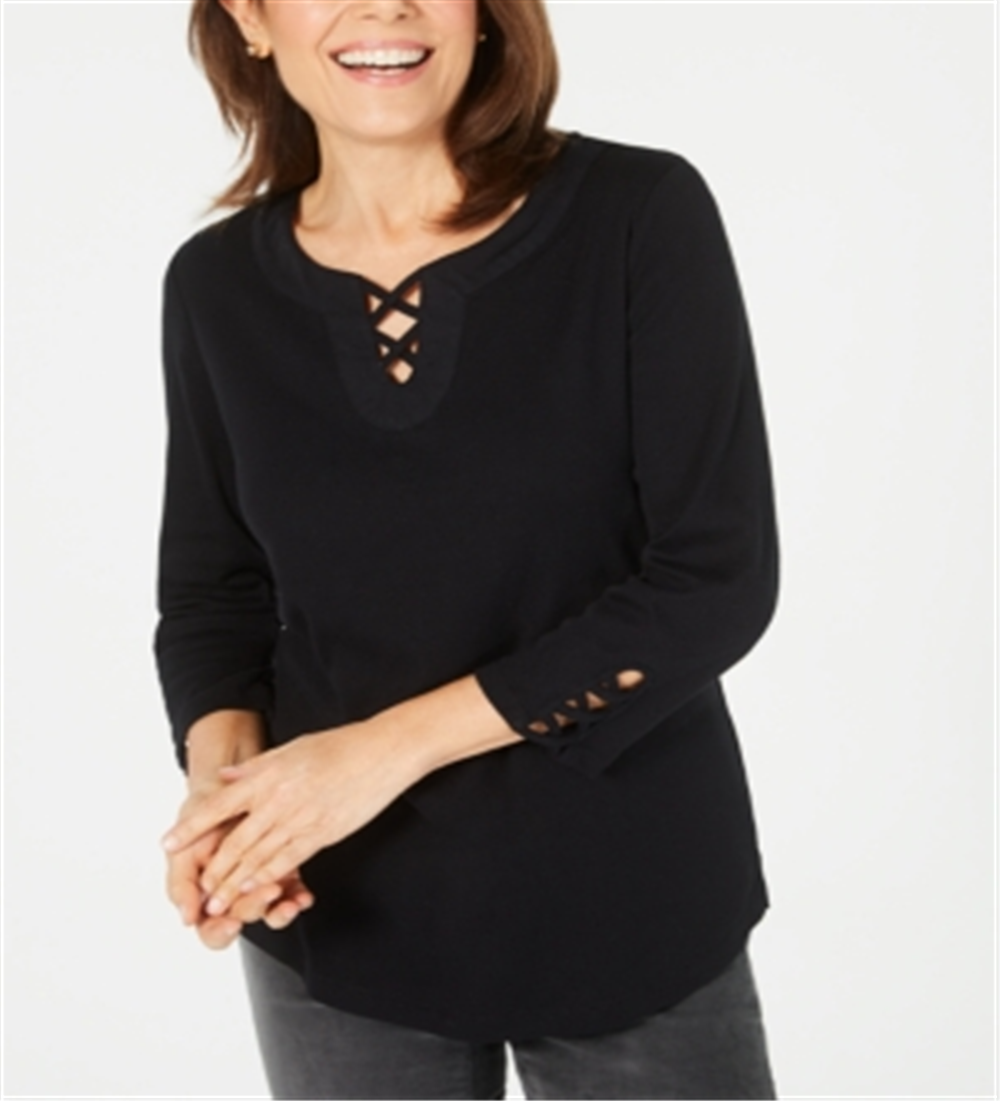 Karen Scott Women's Cotton Lace up Top Black Size Petite S/M