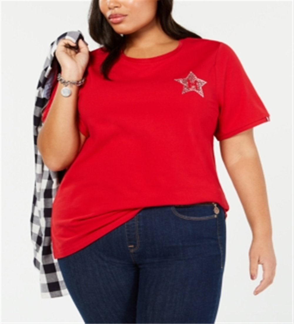 Tommy Hilfiger Women's Plus Embellished Logo T-Shirt Red Size 3X
