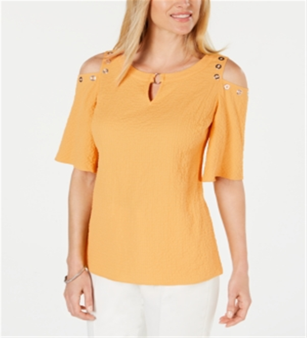 JM Collection Women's Crinkle Texture Cold Shoulder Blouse Yellow Size Medium