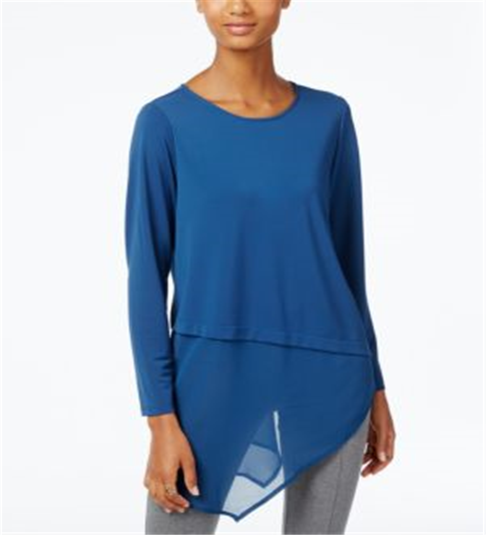 Alfani Womens Petites Layered Asymmetrical Casual Top -Blue Size Petite L