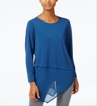 Alfani Womens Petites Layered Asymmetrical Casual Top -Blue Size Petite L