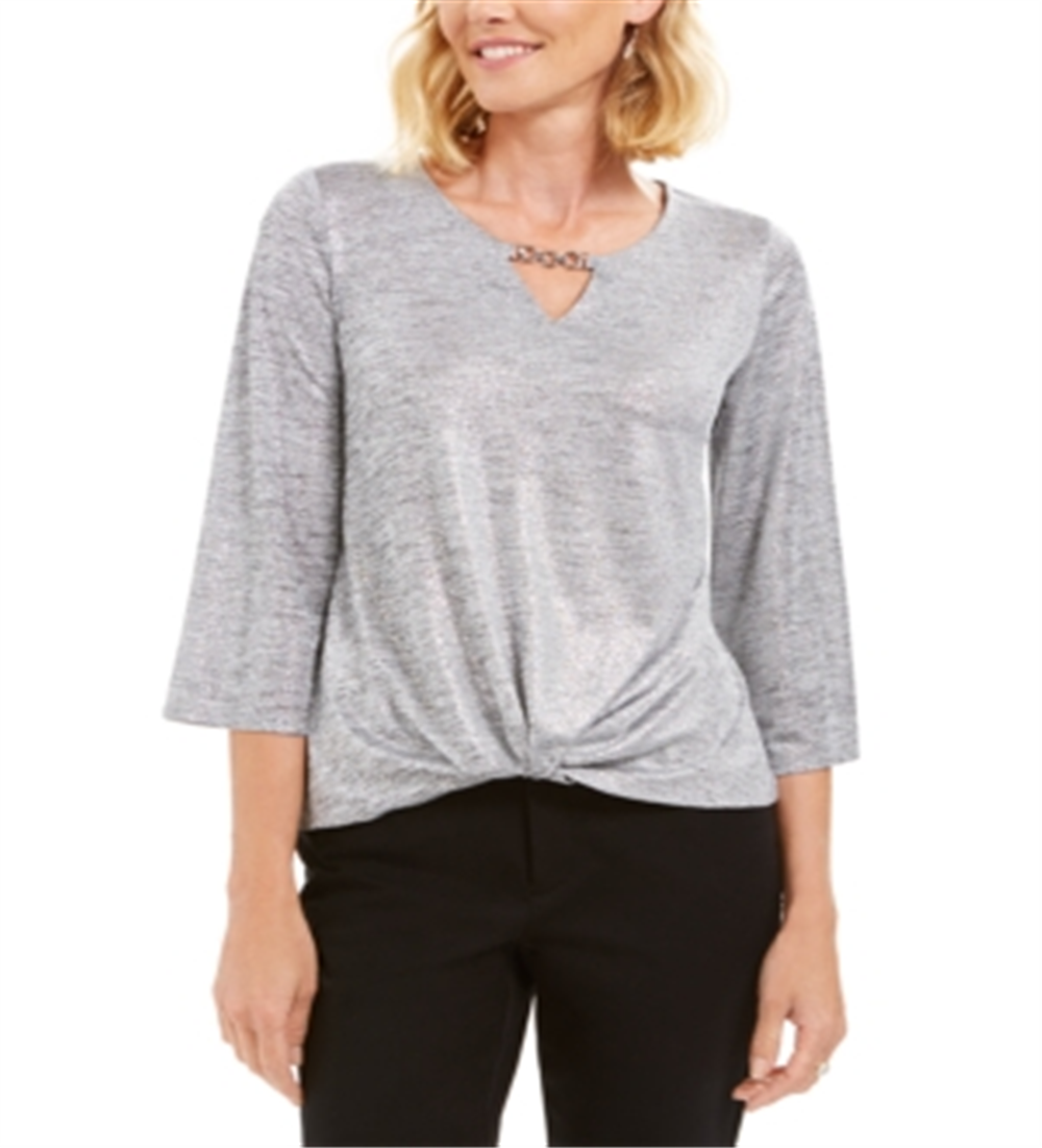 JM Collection Women's Twist Hem Metallic Top Silver Size Petite L