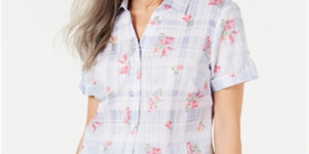 Karen Scott Women's Petites Floral Plaid Button-Down Top Blue Size 44