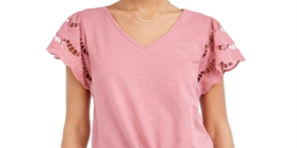Style & Co Women's Eyelet Sleeve Tie Front Top Pink Size Medium
