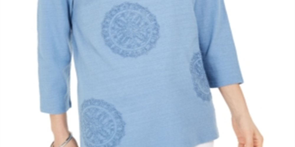 Charter Club Women's Knit Textured Scoop Neck Top Blue Size Petite X-Small