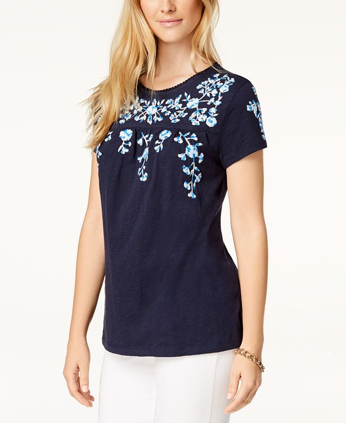 Calvin Klein Women's Cotton Floral Print T-Shirt Blue Size M