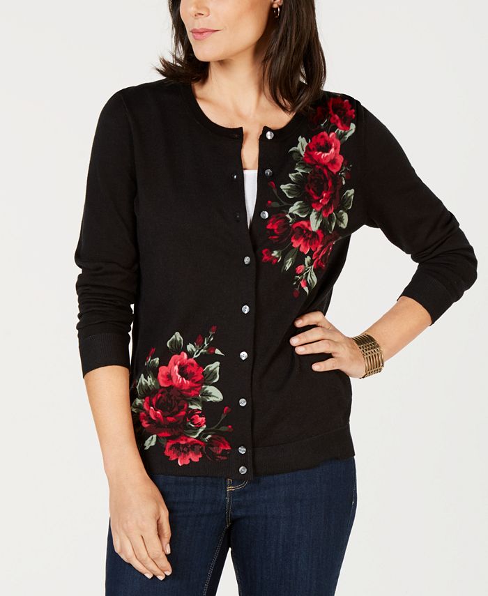 Karen Scott Women's Floral Print Cardigan Black Size -Petite S/M