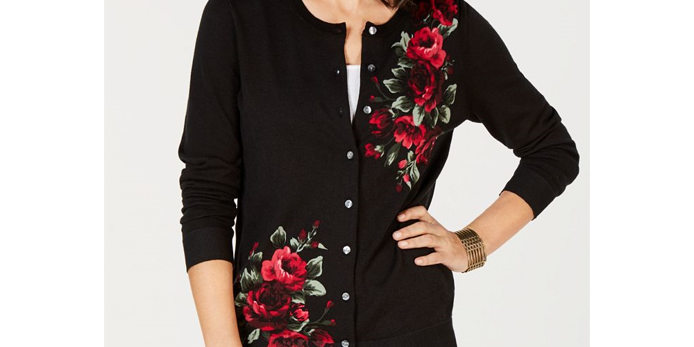 Karen Scott Women's Floral Print Cardigan Black Size -Petite S/M
