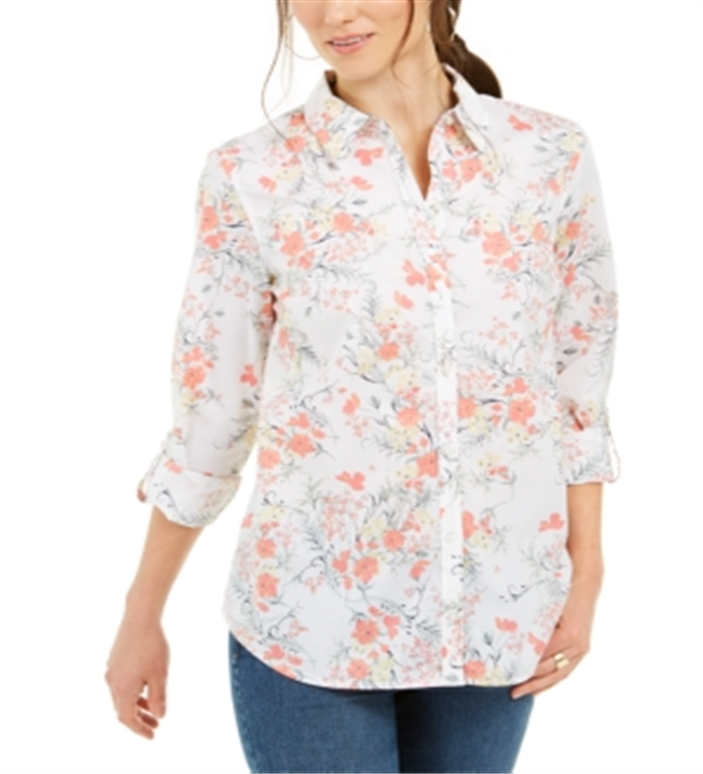 Calvin Klein Women's Cotton Floral Print Shirt White Size X-Large