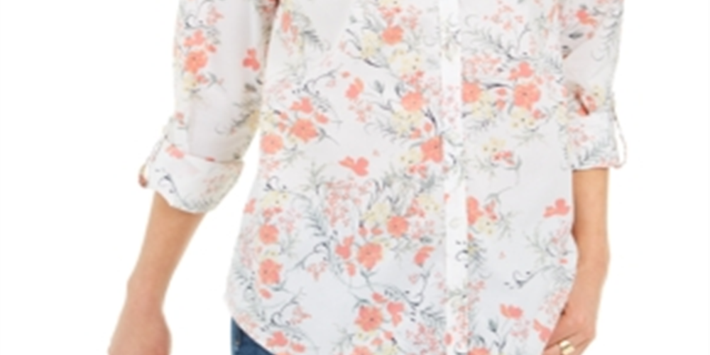 Calvin Klein Women's Cotton Floral Print Shirt White Size X-Large