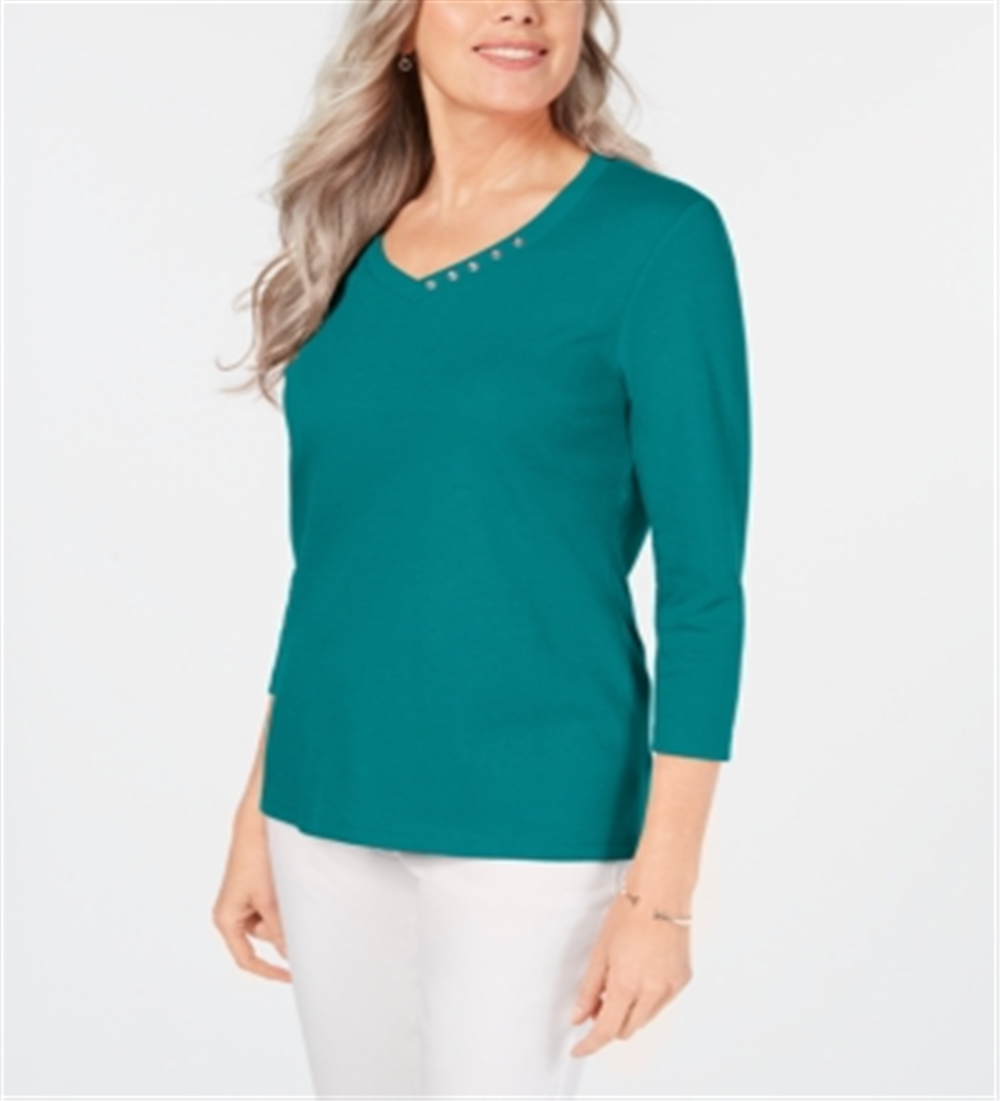 Karen Scott Women's Cotton V-Neck Button-Trim Top Teal Size S