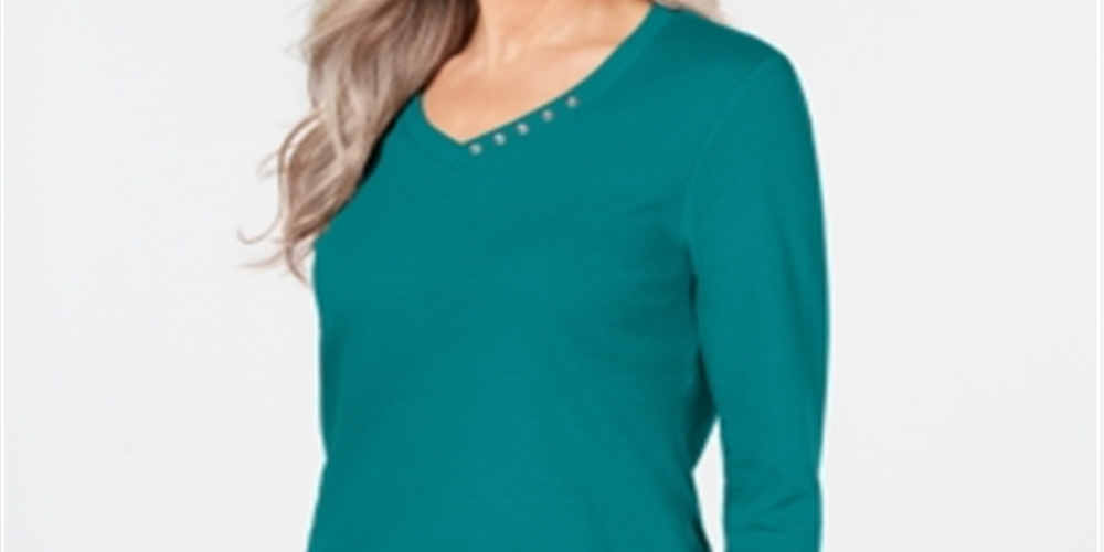 Karen Scott Women's Cotton V-Neck Button-Trim Top Teal Size S