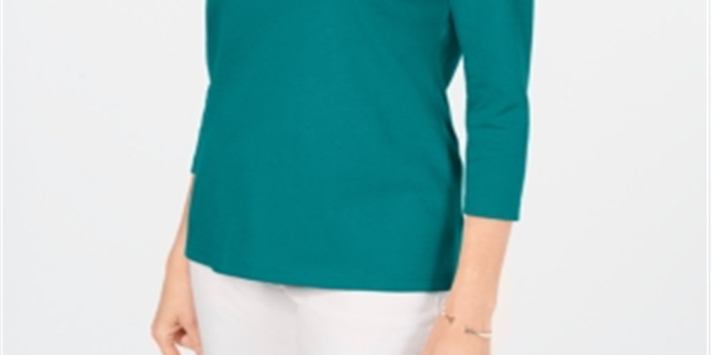 Karen Scott Women's Cotton V-Neck Button-Trim Top Teal Size S