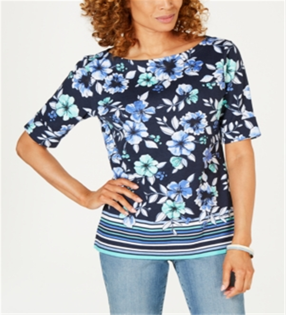 Karen Scott Women's Boat Neck Floral Print Border Top Blue Size X-Small