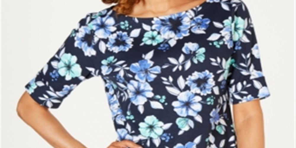 Karen Scott Women's Boat Neck Floral Print Border Top Blue Size X-Small