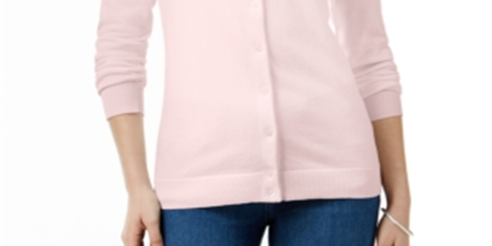 Karen Scott Women's Crew Neck Cardigan Pink Size Petite Small