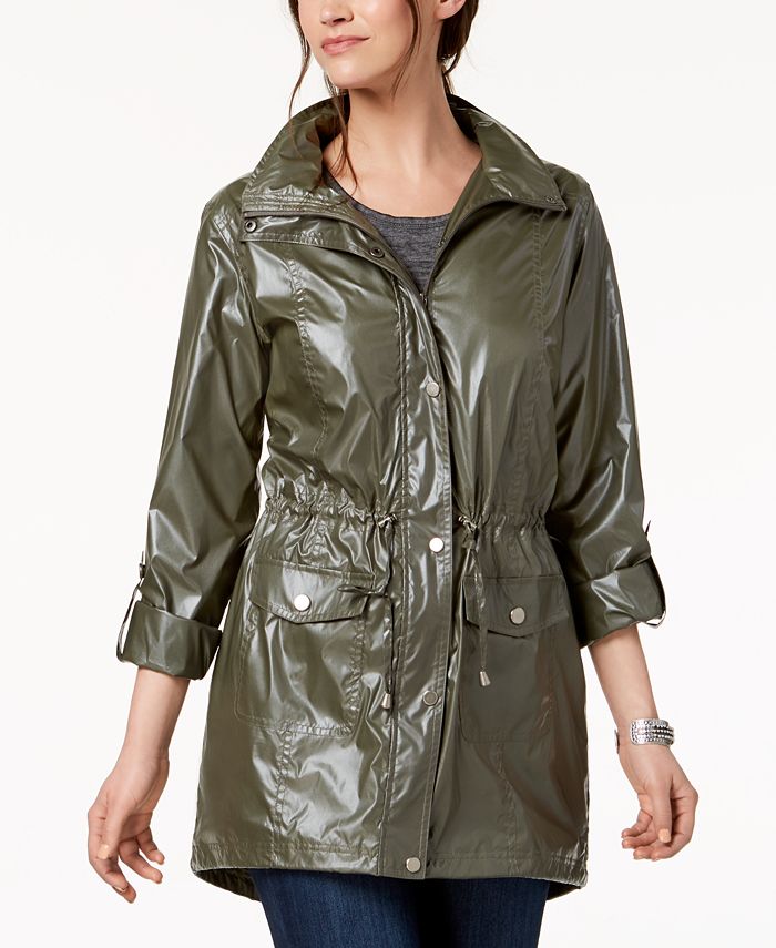 Style & Co Women's Shiny Roll Tab Sleeve Anorak Coat Green Size Large