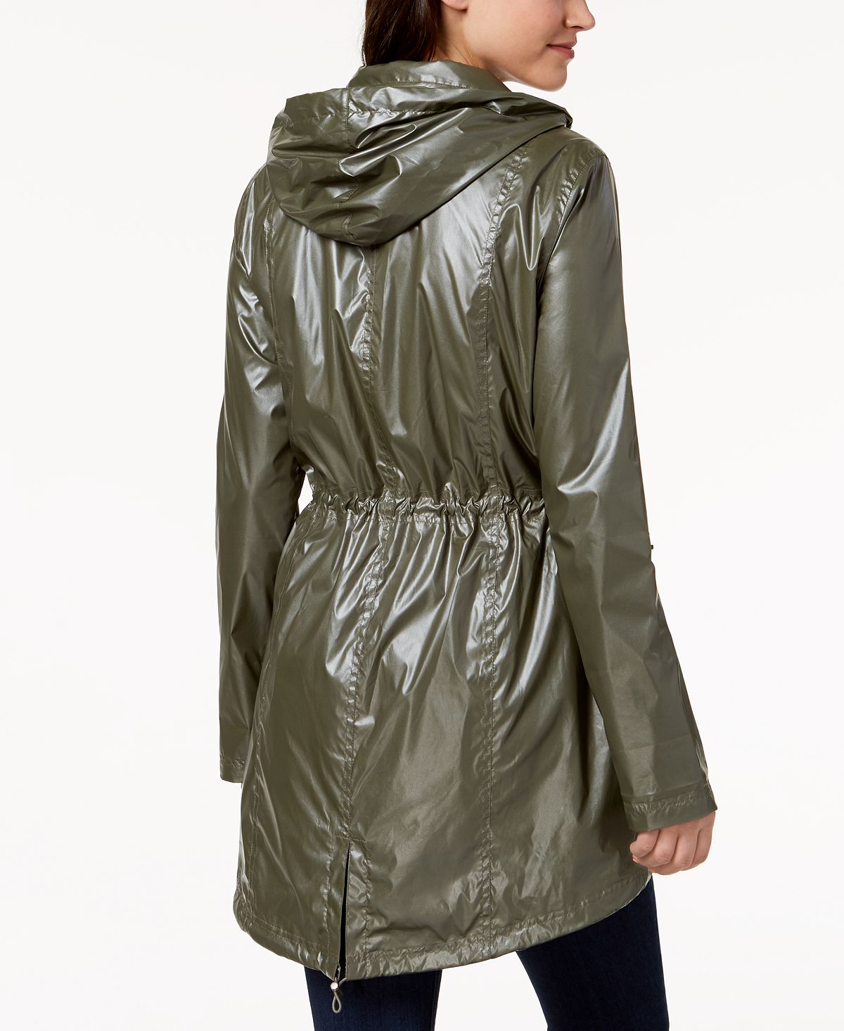 Style & Co Women's Shiny Roll Tab Sleeve Anorak Coat Green Size Large