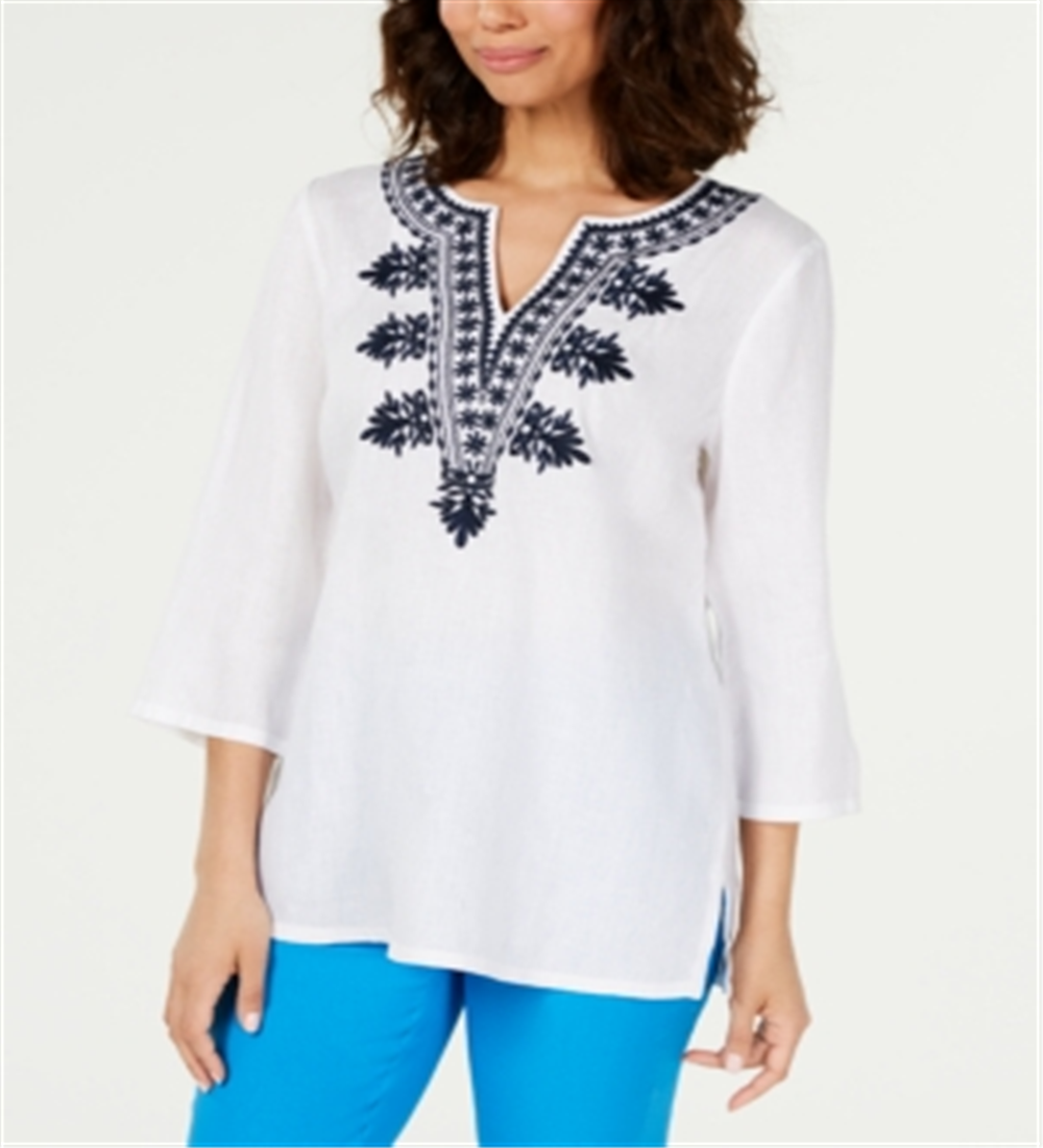 Charter Club Women's Linen Embroidered Split Neck Tunic White Size Small