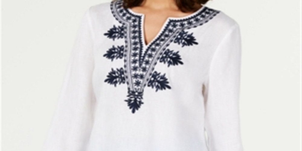 Charter Club Women's Linen Embroidered Split Neck Tunic White Size Small