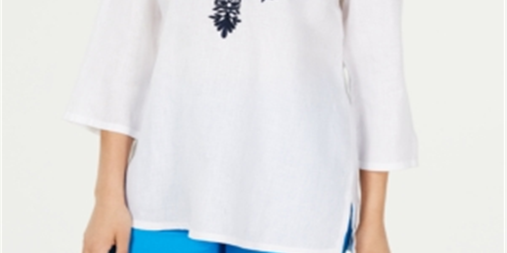 Charter Club Women's Linen Embroidered Split Neck Tunic White Size Small