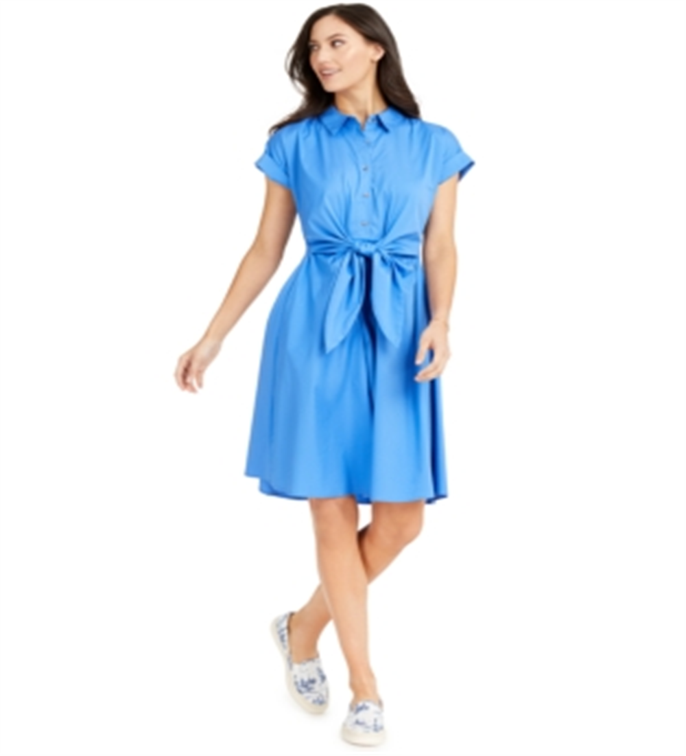 Charter Club Women's Cotton Tie Waist Fit & Flare Dress Blue Size 18